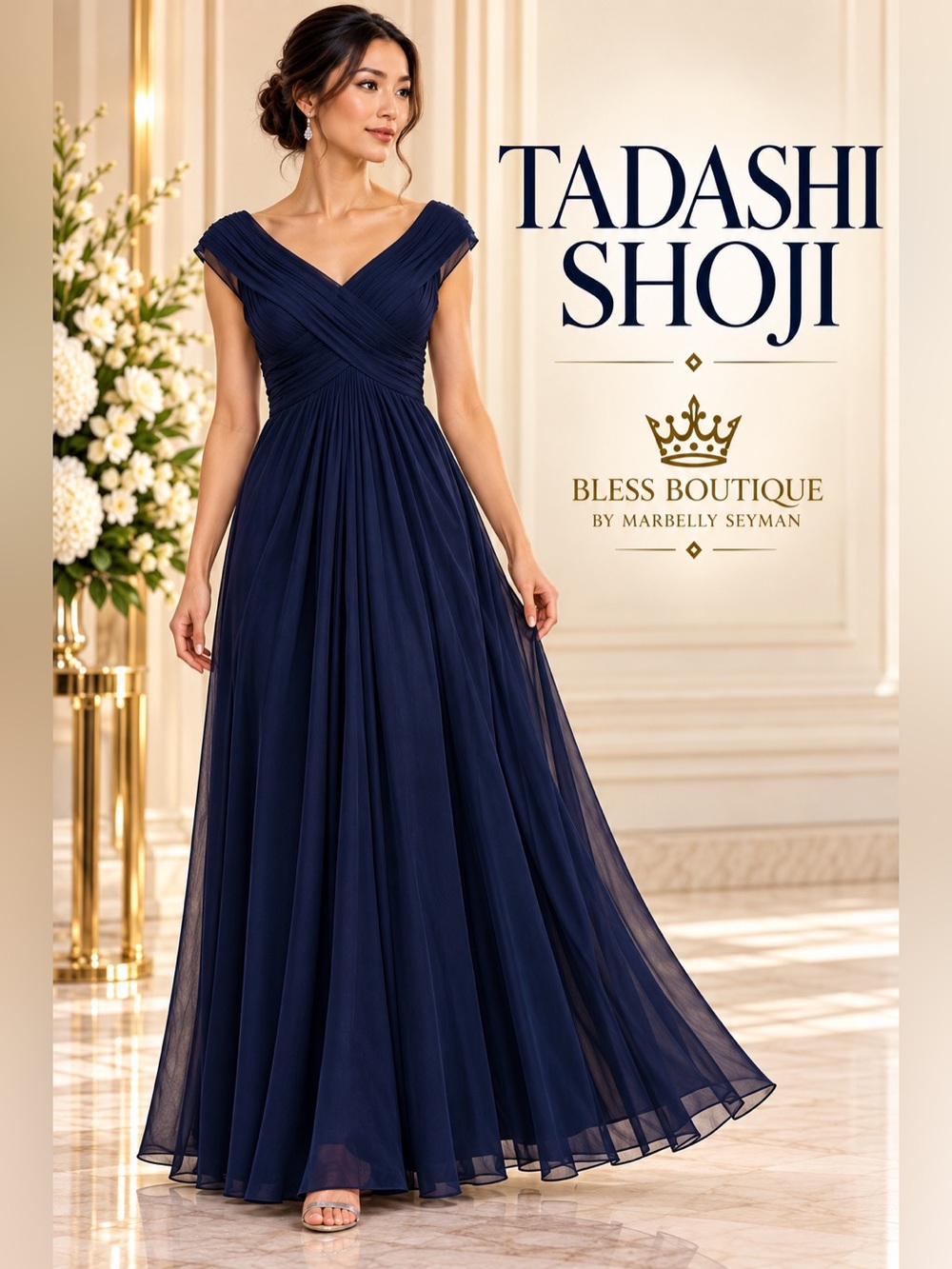 NWT Tadashi Shoji Navy 100% Silk Ruched Draped Evening Gown Size 6